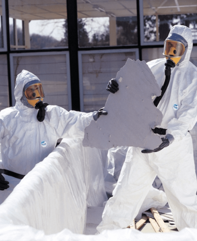 Two workers in HAZMAT suits