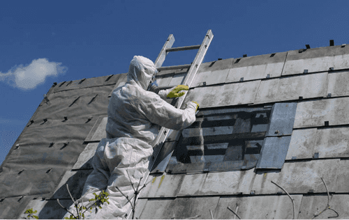 Person on a ladder in a hazmat suit