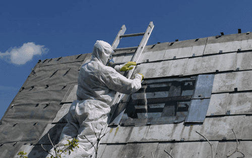 Person on a ladder in a hazmat suit